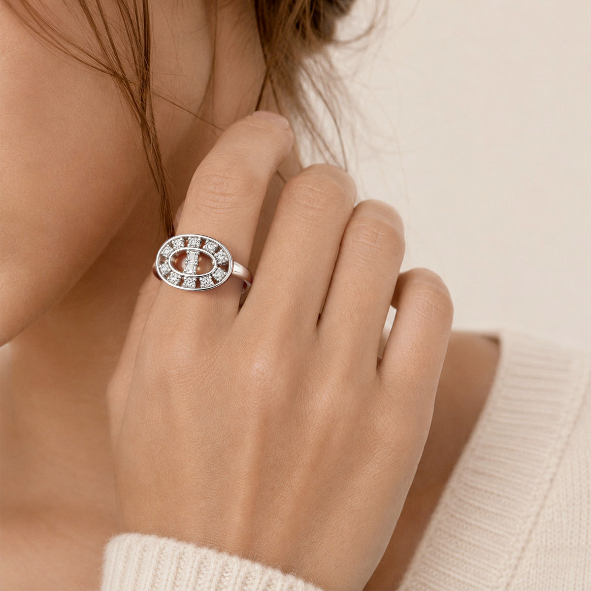Gnoce  Oval Baguette & Round Cut Engagement Ring Platinum-plated Silver Blend