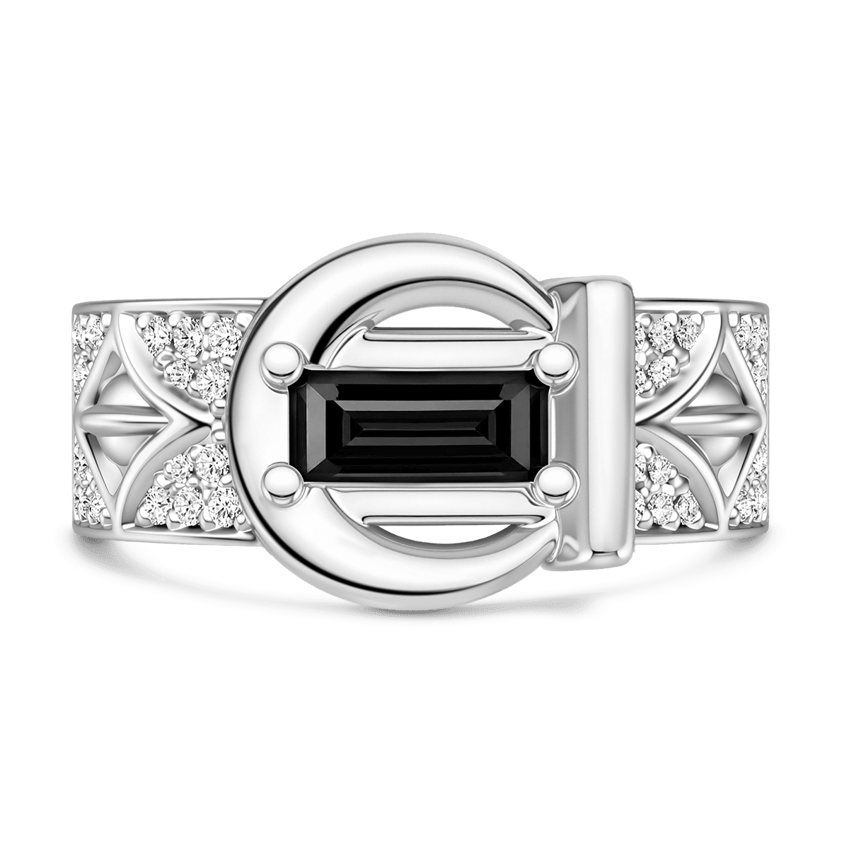 Gnoce  Baguette Black Gemstone Crescent Moon Ring Platinum-plated Silver Blend