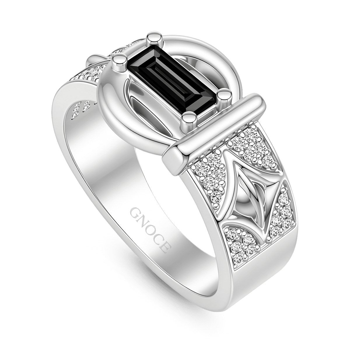 Gnoce  Baguette Black Gemstone Crescent Moon Ring Platinum-plated Silver Blend
