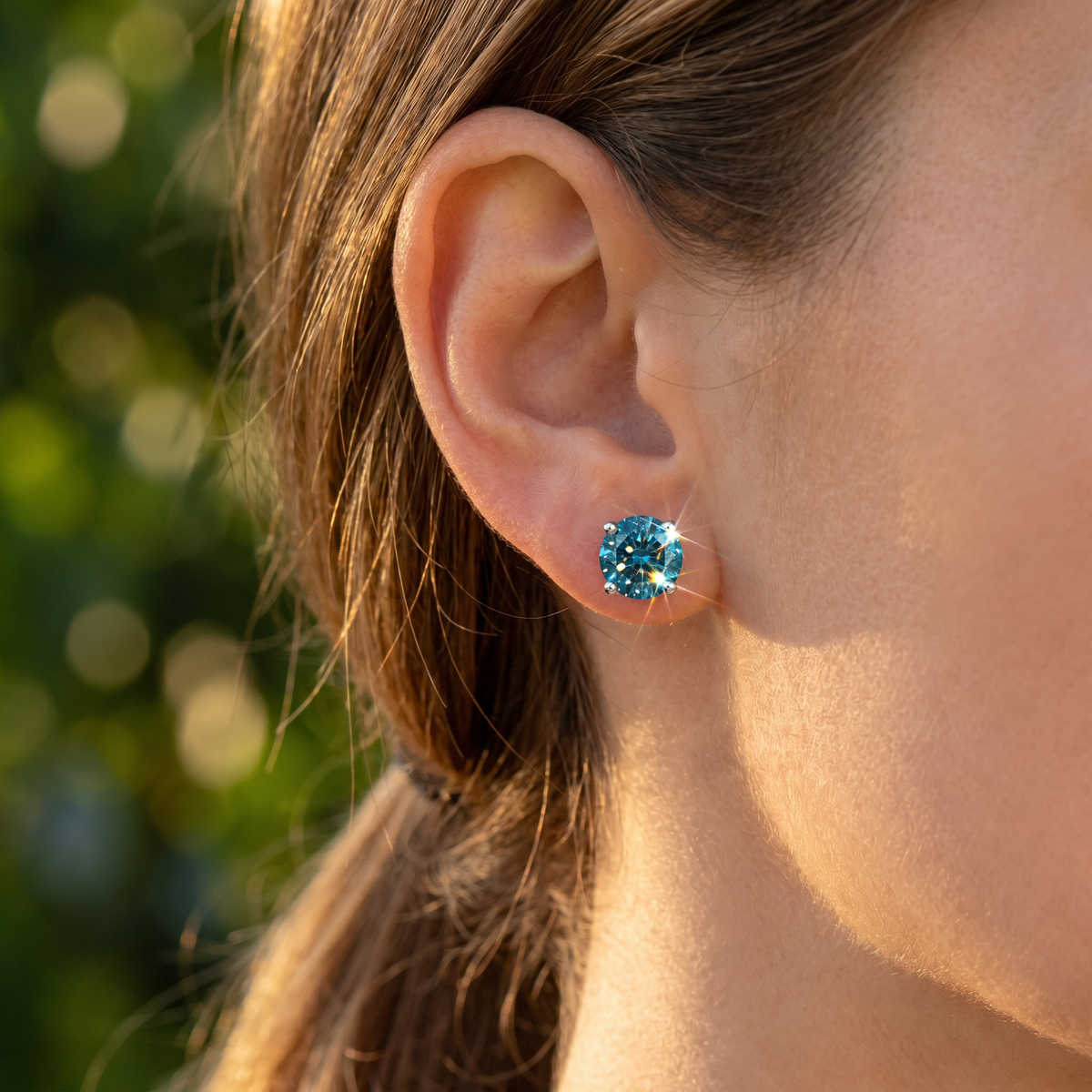 Round Four Prong Blue Diamond Studs 14k Gold Lab Grown