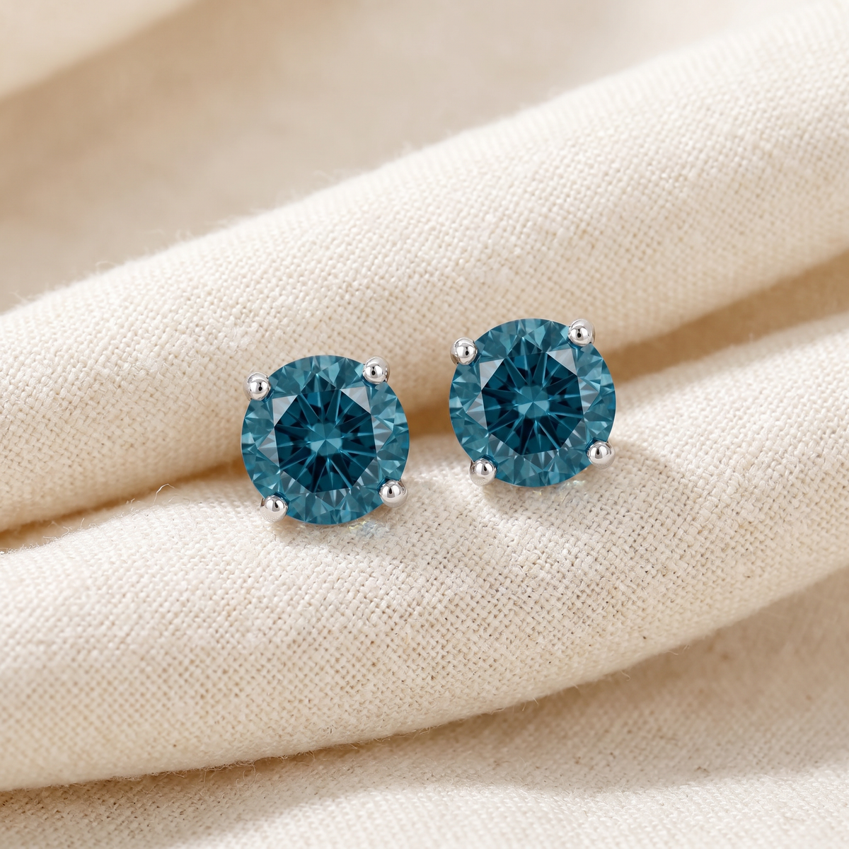 Round Four Prong Blue Diamond Studs 14k Gold Lab Grown