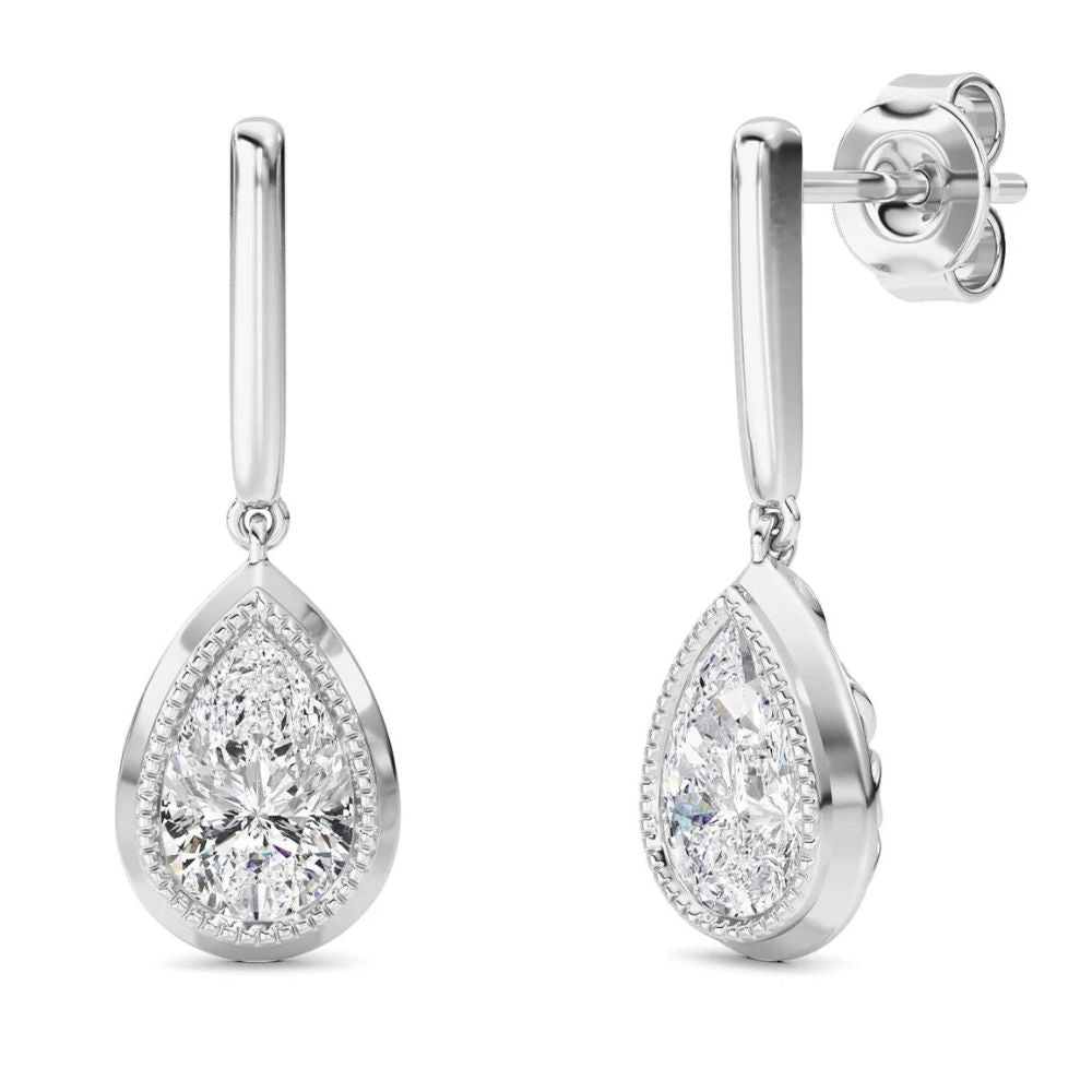 2Ct TW Bezel Solitaire Pear Dangle Earrings Gold Lab Grown 3/4" Tall