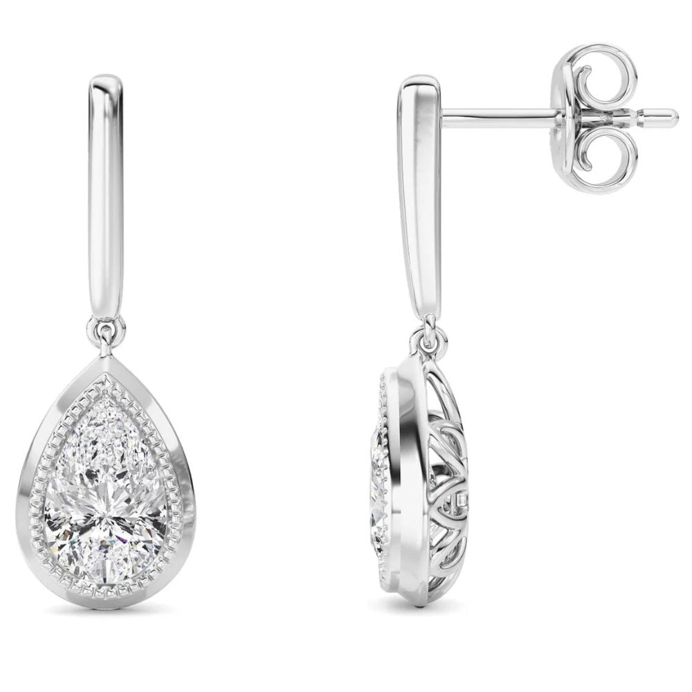 2Ct TW Bezel Solitaire Pear Dangle Earrings Gold Lab Grown 3/4" Tall