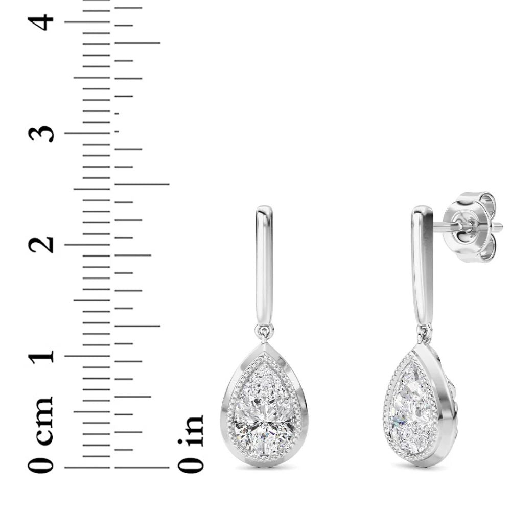 2Ct TW Bezel Solitaire Pear Dangle Earrings Gold Lab Grown 3/4" Tall