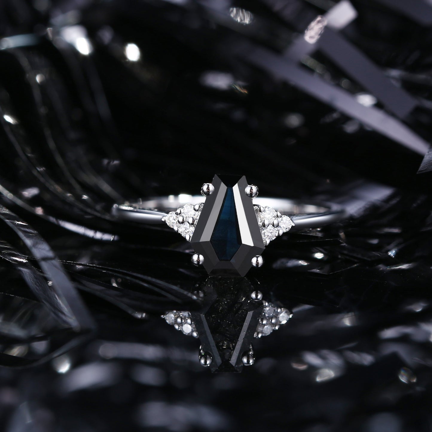 Classic Coffin Shaped Natural Black Sapphire Engagement Ring