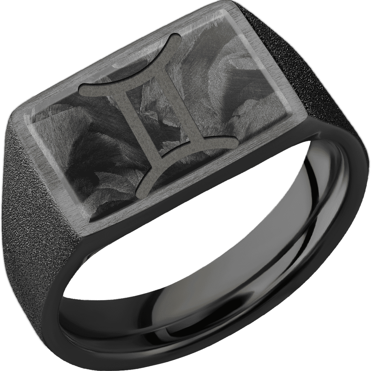 Medium Horizontal Rectangle signet ring (16x11.5mm) in Zirconium, with a Wide style band, a Forged Carbon Fiber inlay and a GEMINI engraving.