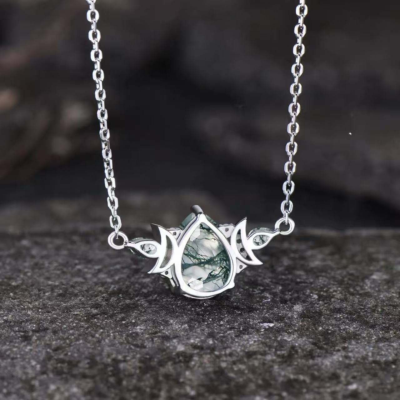 Pear Cut Moss Agate Galaxy Crescent Moon Pendant  - 'Minty'