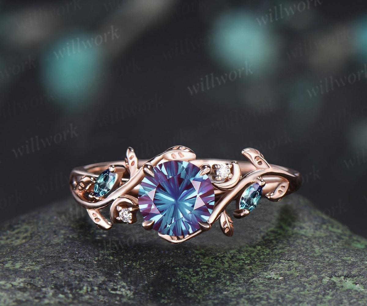 1CT Fireworks Cut Alexanrite Ring Set Leaf Vine Art Deco Moon Promise Ring Diamond Alexandrite Wedding Band Vintage Bridal Set