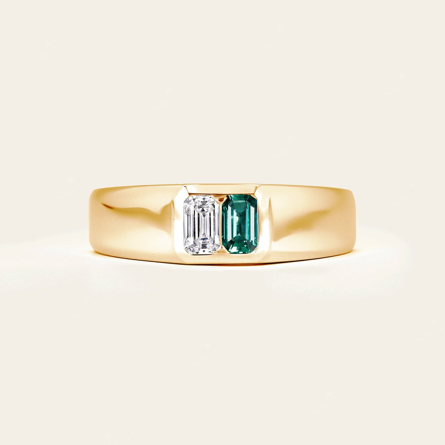 Emerald Cut Lab Diamond & Emerald Toi et Moi Men's Ring