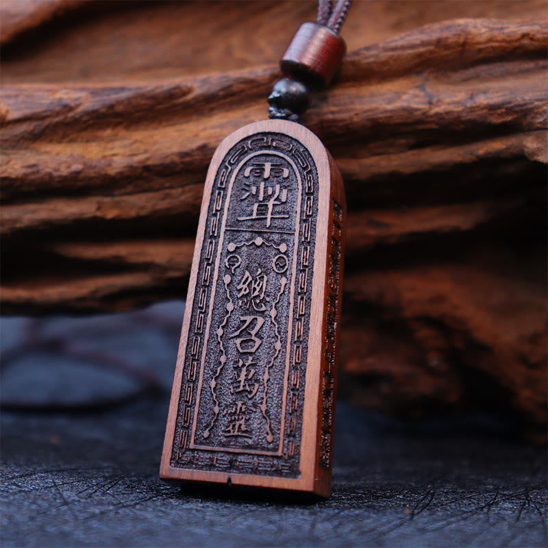 Fortune Jewel Lightning Struck Jujube Wood Taoist Five Thunder Order Luck Protection Necklace Pendant