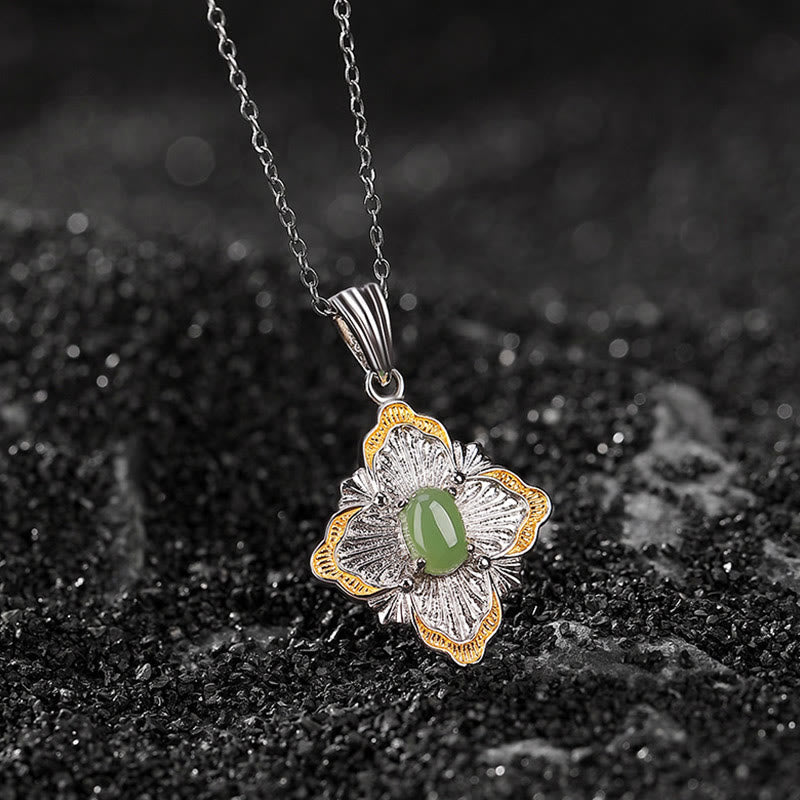 Fortune Jewel 925 Sterling Silver Plated Gold Hetian Cyan Jade Rhombus Design Luck Healing Necklace Pendant