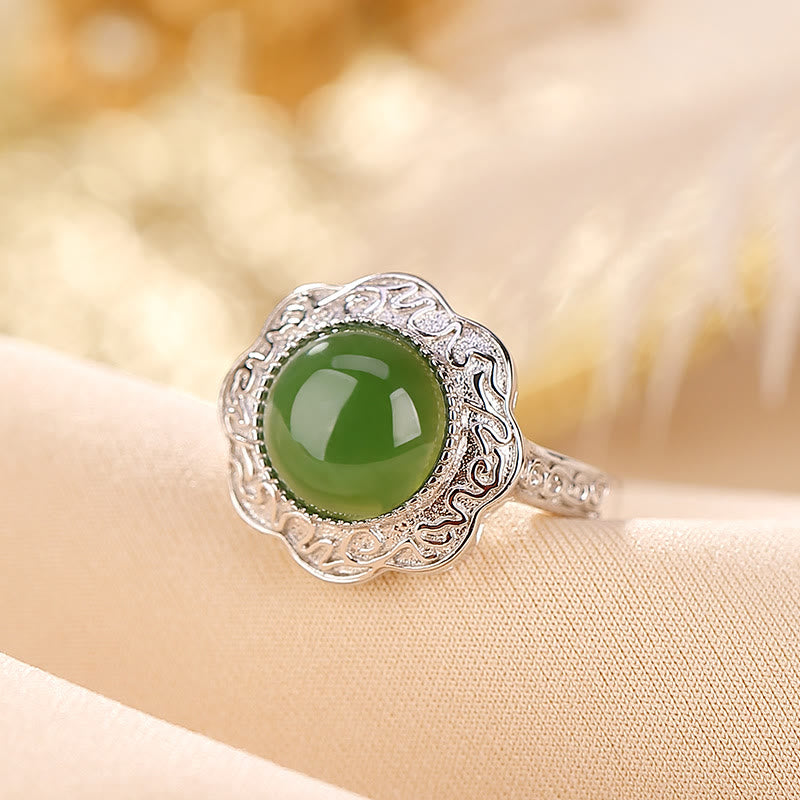 Fortune Jewel 925 Sterling Silver Hetian Cyan Jade Flower Design Luck Adjustable Ring