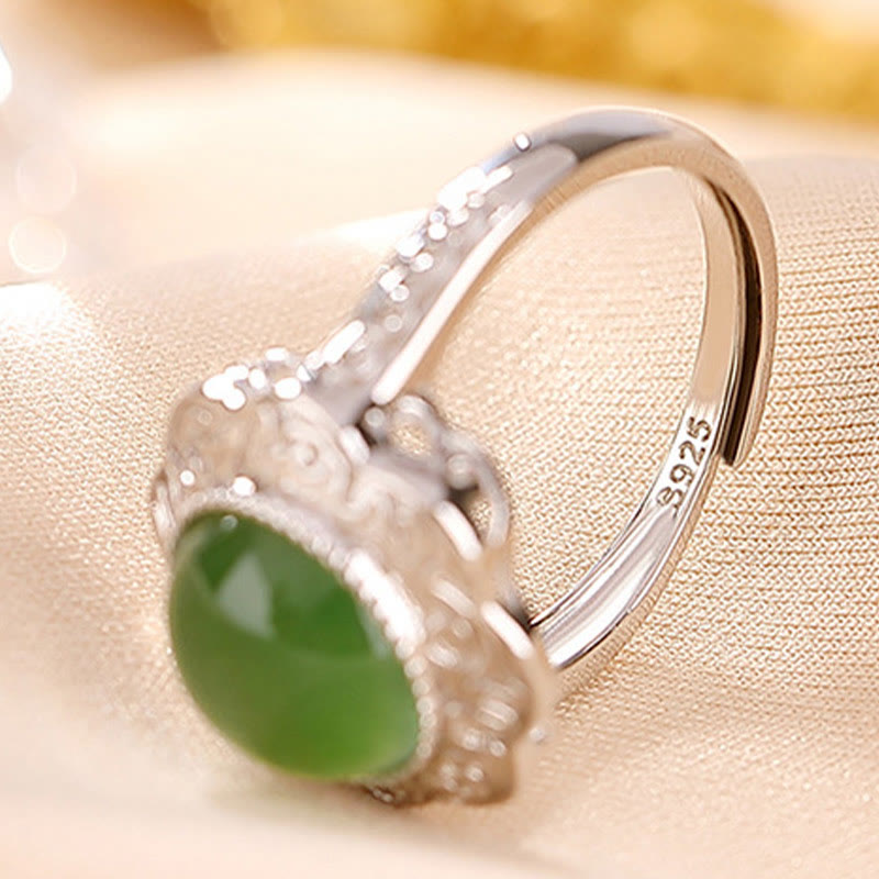 Fortune Jewel 925 Sterling Silver Hetian Cyan Jade Flower Design Luck Adjustable Ring