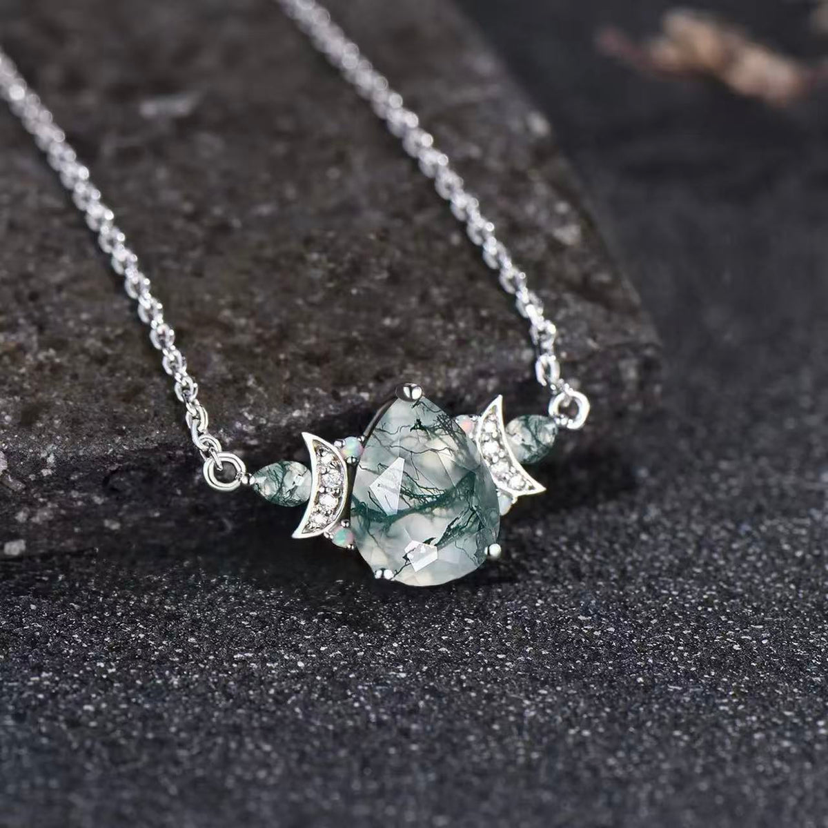 Pear Cut Moss Agate Galaxy Crescent Moon Pendant  - 'Minty'