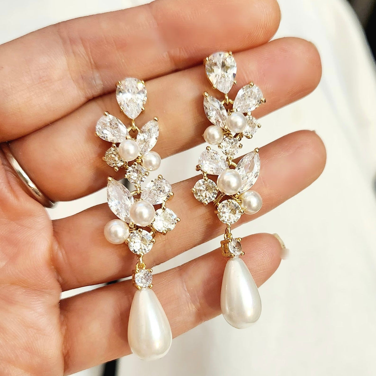 Moissanite & Natural Pearl Teardrop Dangle Bridal Wedding Earrings-Nivea