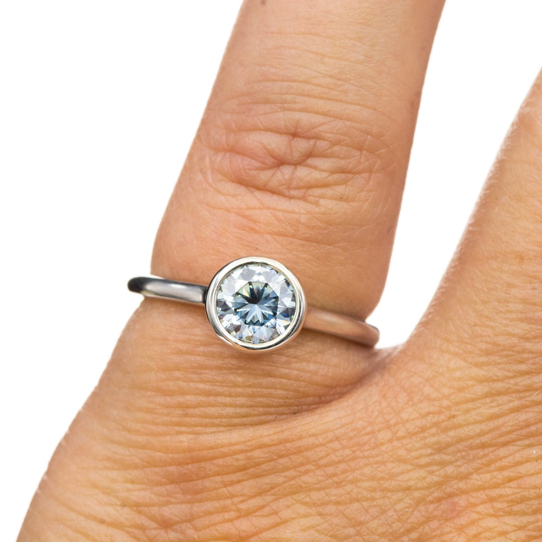 Round Blue-Gray Moissanite Bezel Set Accented Cathedral Odette Engagement Ring
