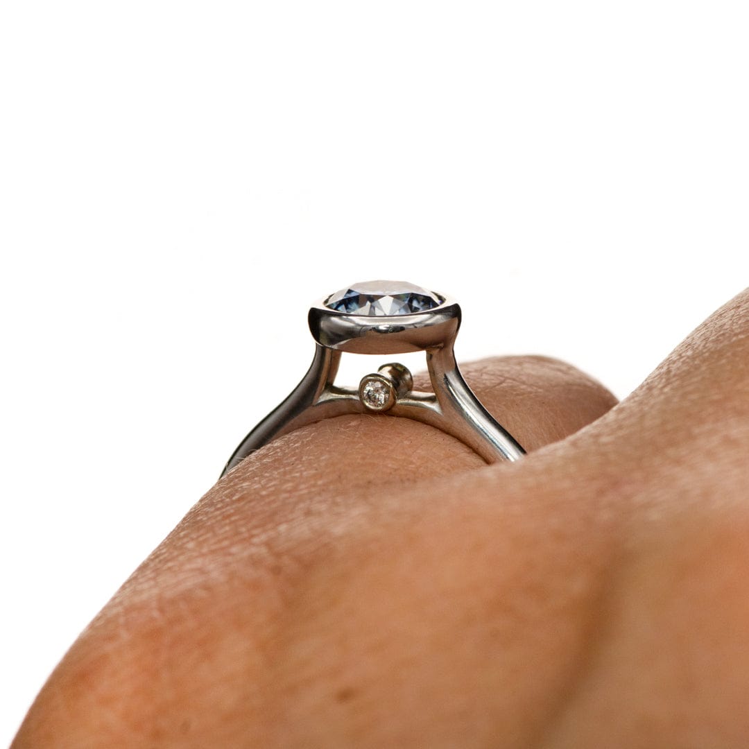 Round Blue-Gray Moissanite Bezel Set Accented Cathedral Odette Engagement Ring