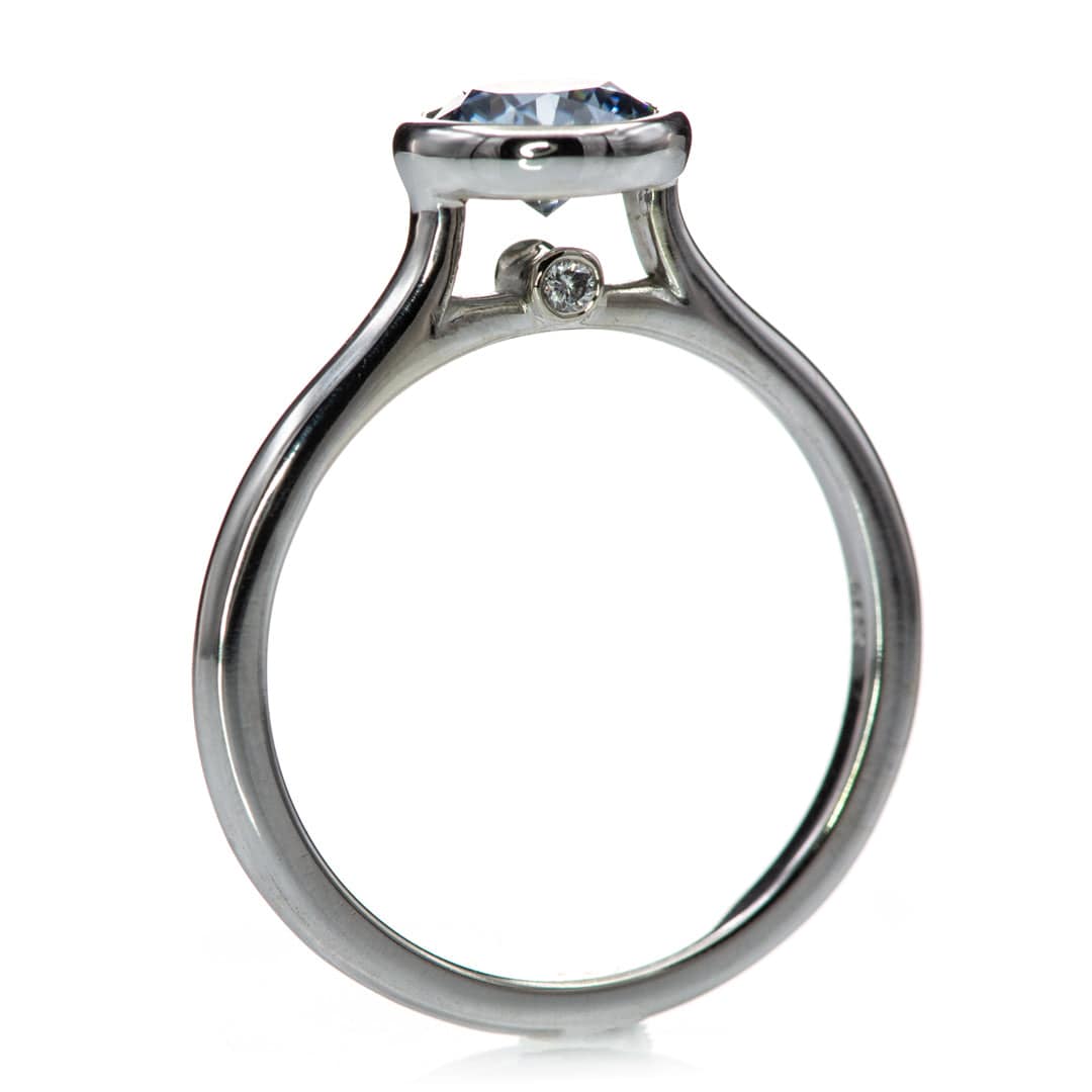 Round Blue-Gray Moissanite Bezel Set Accented Cathedral Odette Engagement Ring