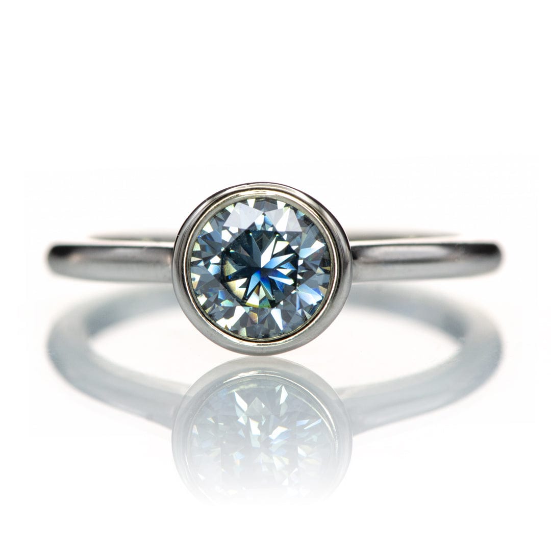 Round Blue-Gray Moissanite Bezel Set Accented Cathedral Odette Engagement Ring