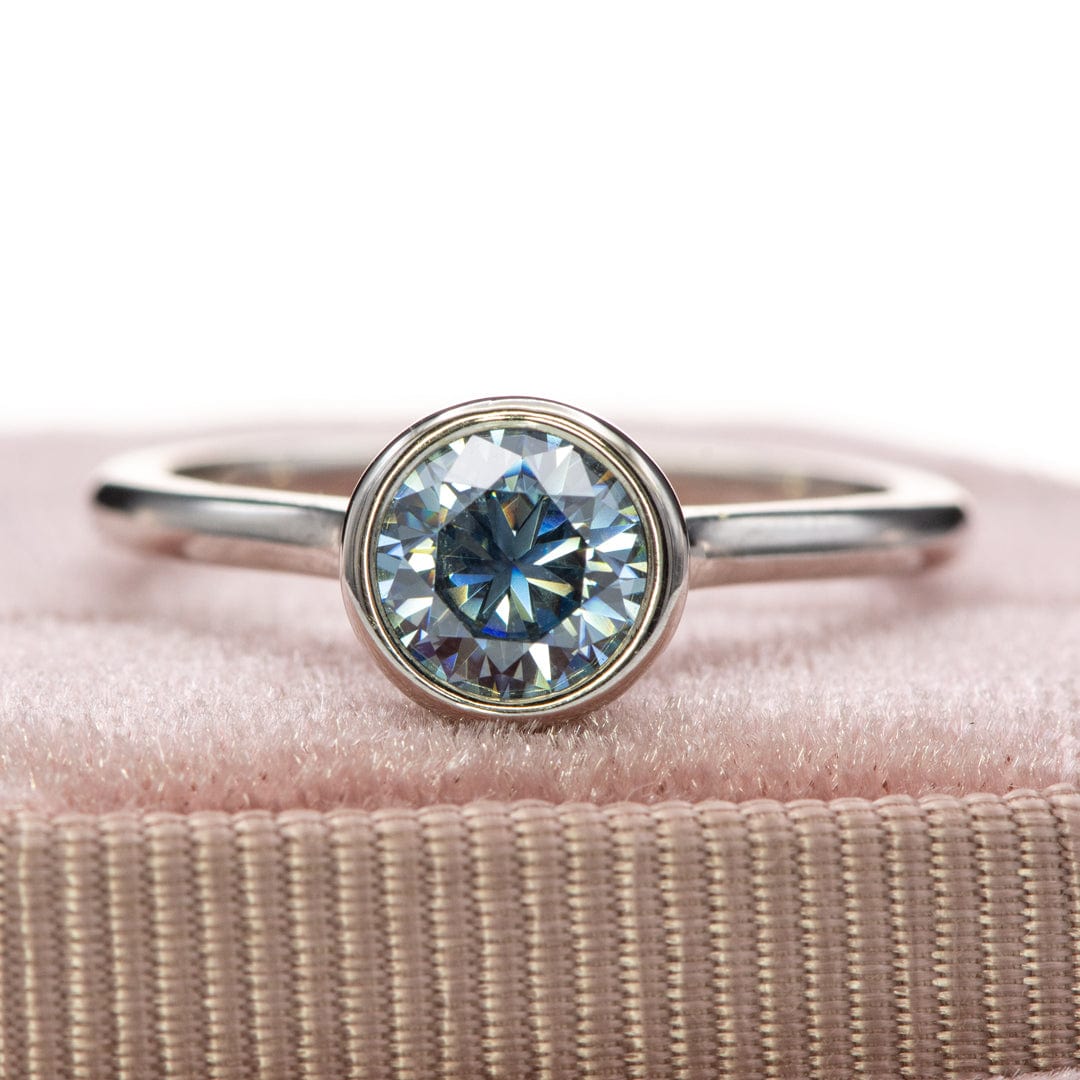 Round Blue-Gray Moissanite Bezel Set Accented Cathedral Odette Engagement Ring