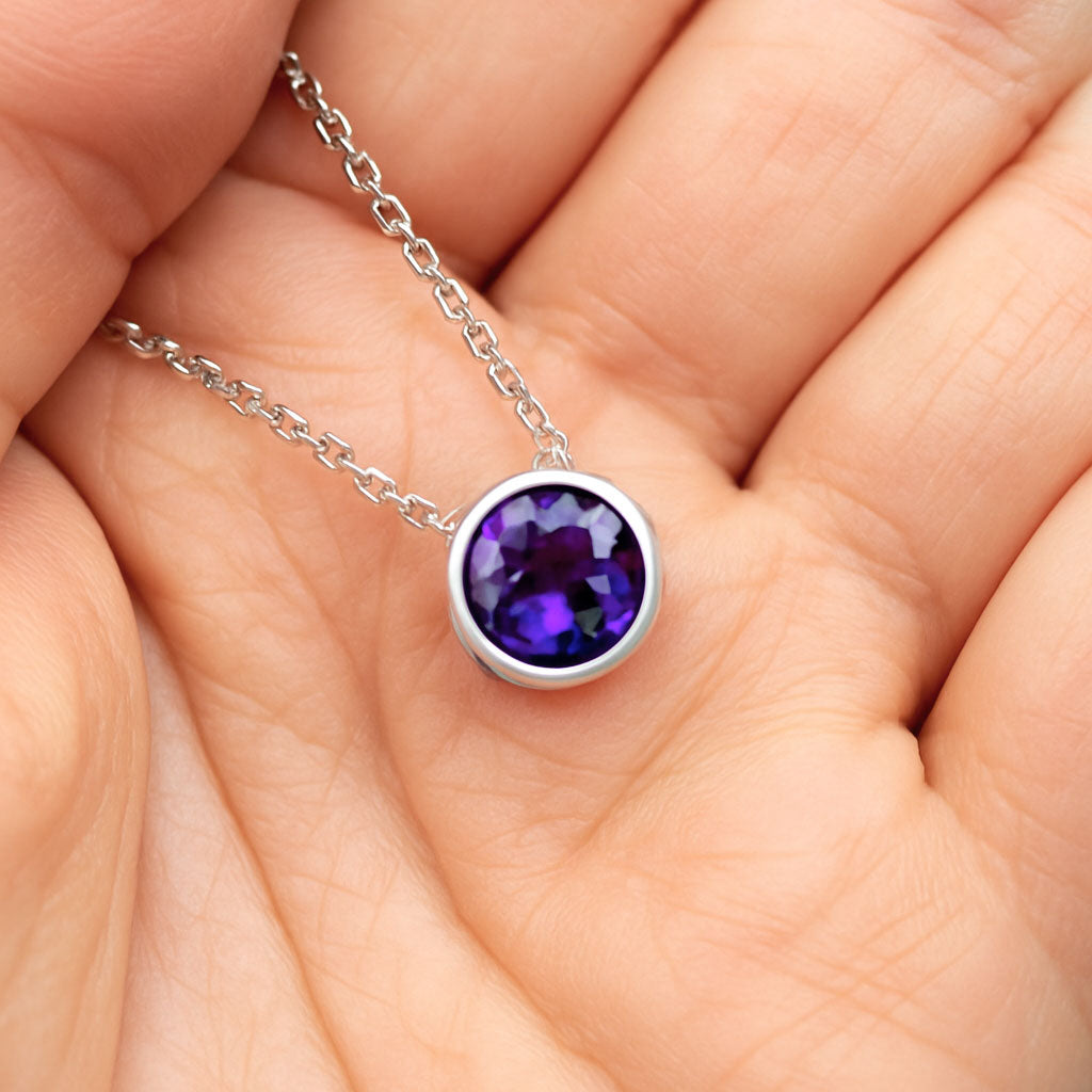 Round Amethyst Sterling Silver Slide Pendant Necklace