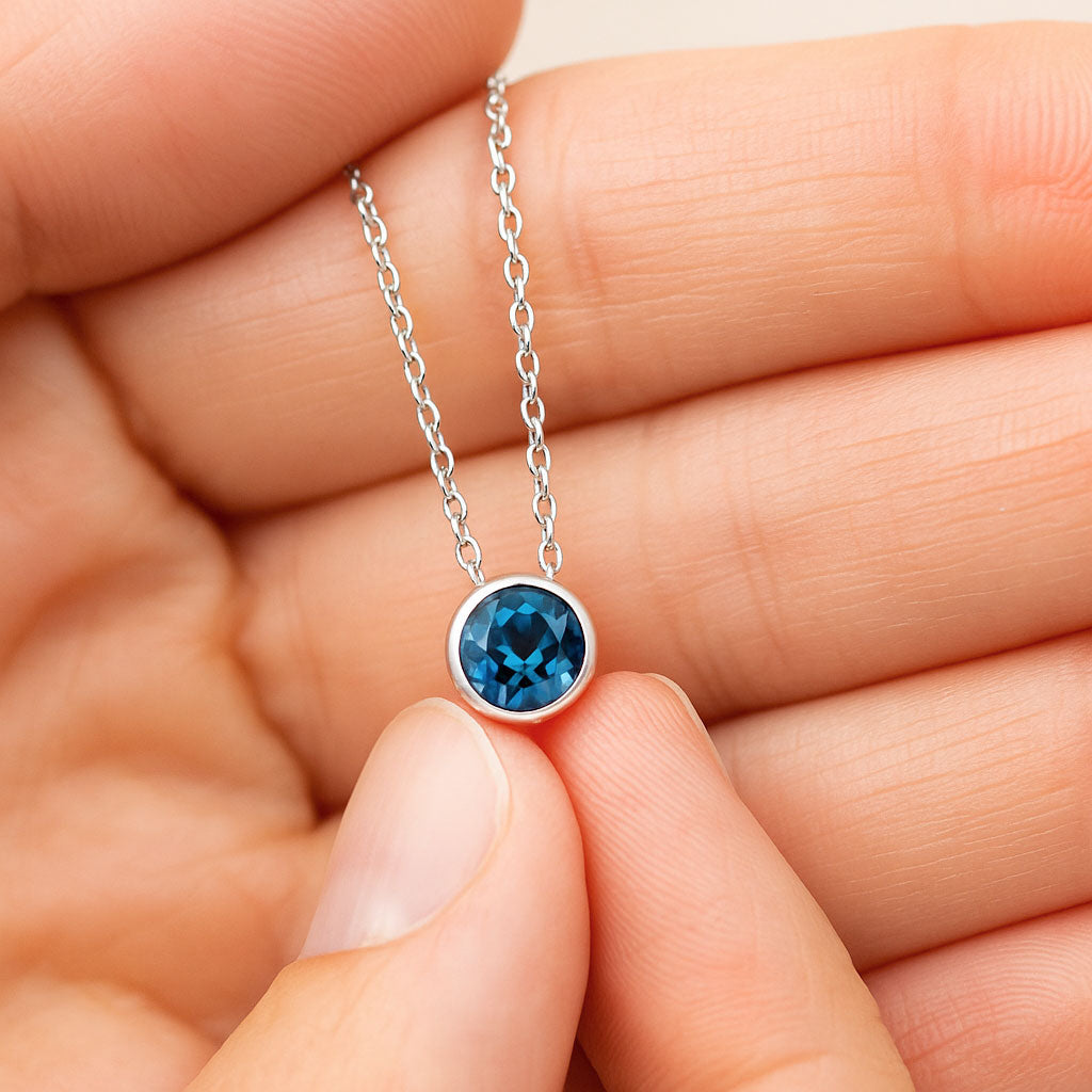 Round London Blue Topaz Sterling Silver Slide Pendant Necklace
