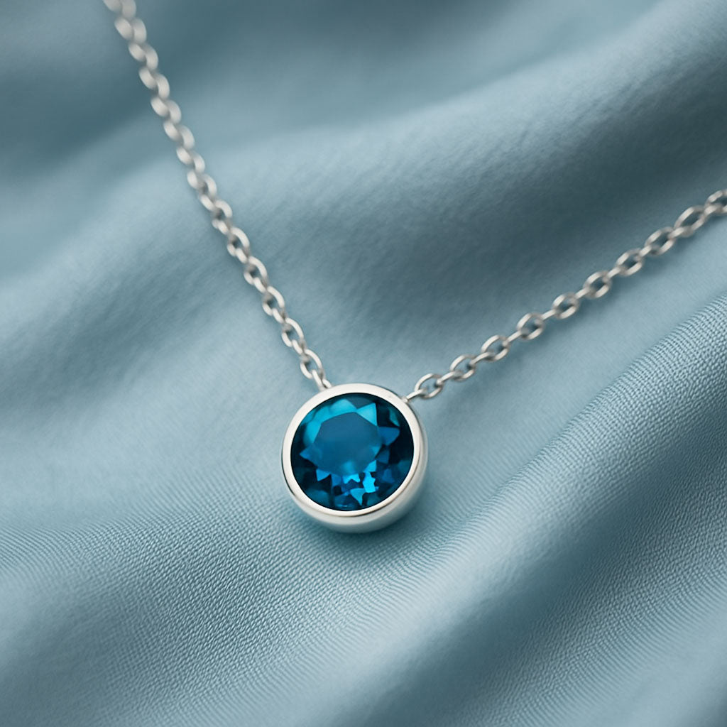 Round London Blue Topaz Sterling Silver Slide Pendant Necklace