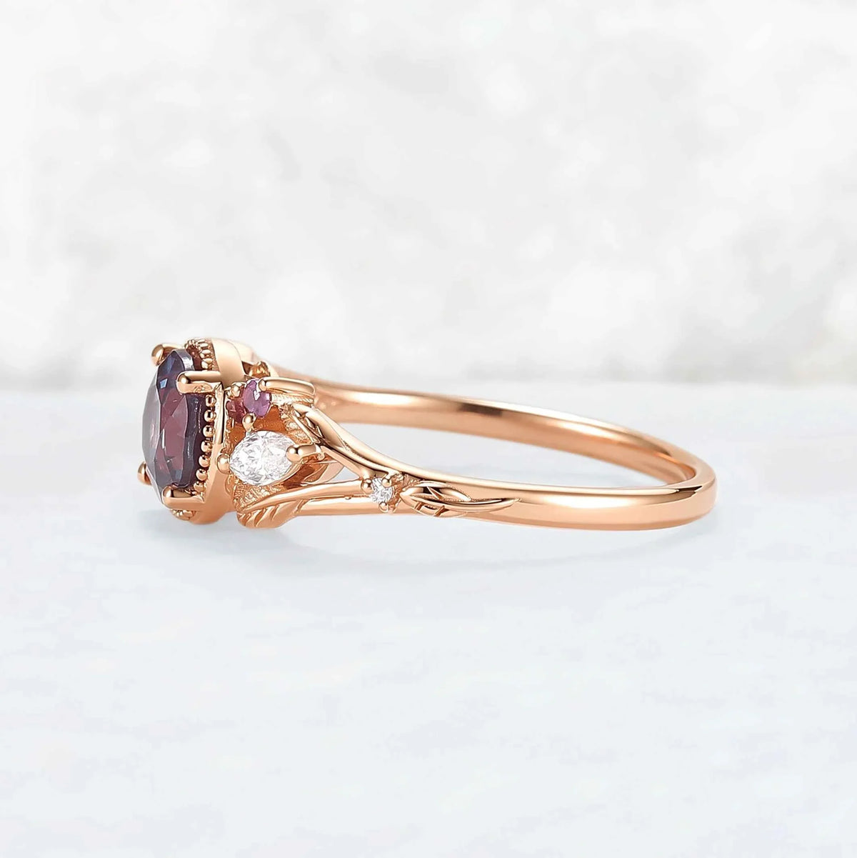 Moonvine Round Cut Alexandrite Leafy Engagement Ring