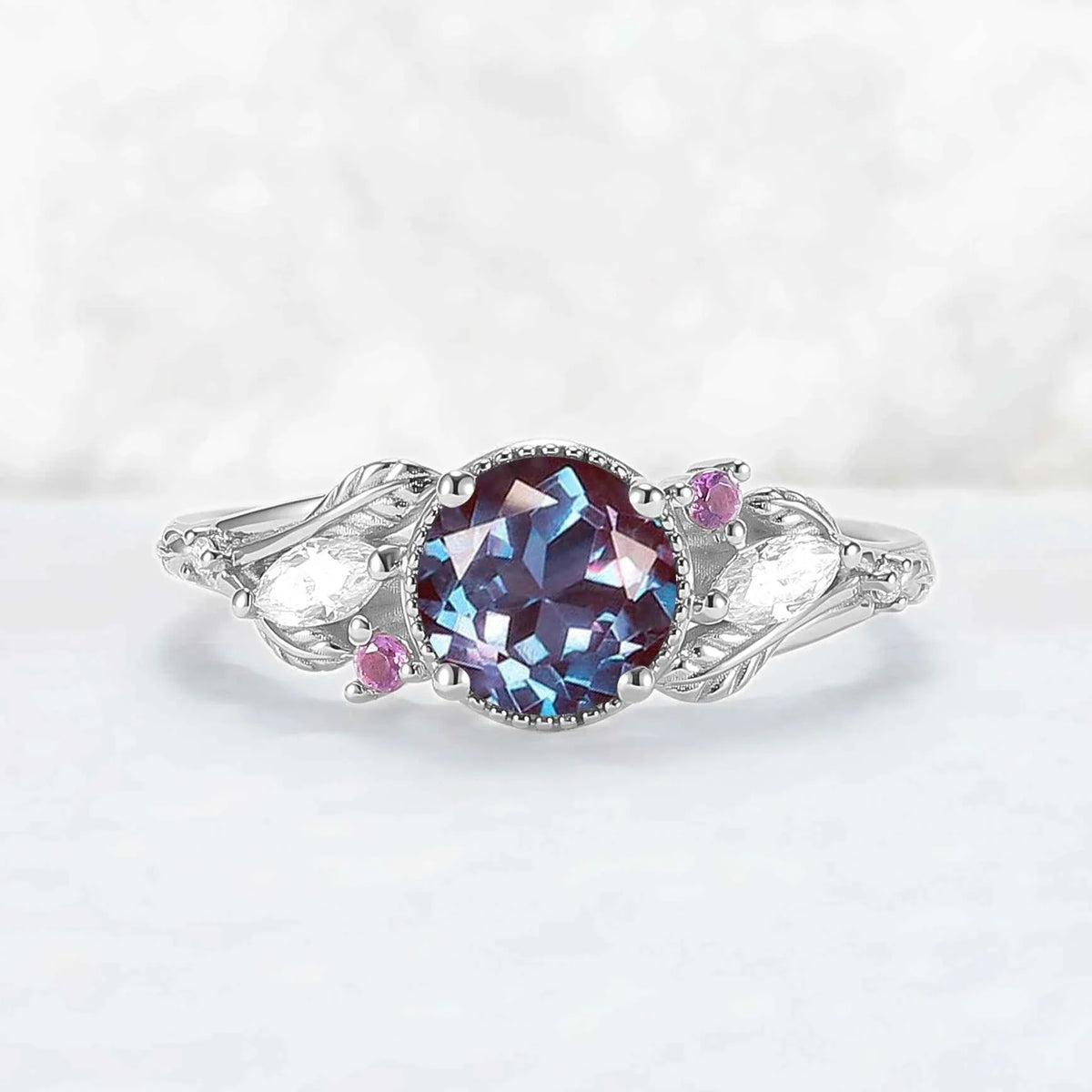 Moonvine Round Cut Alexandrite Leafy Engagement Ring