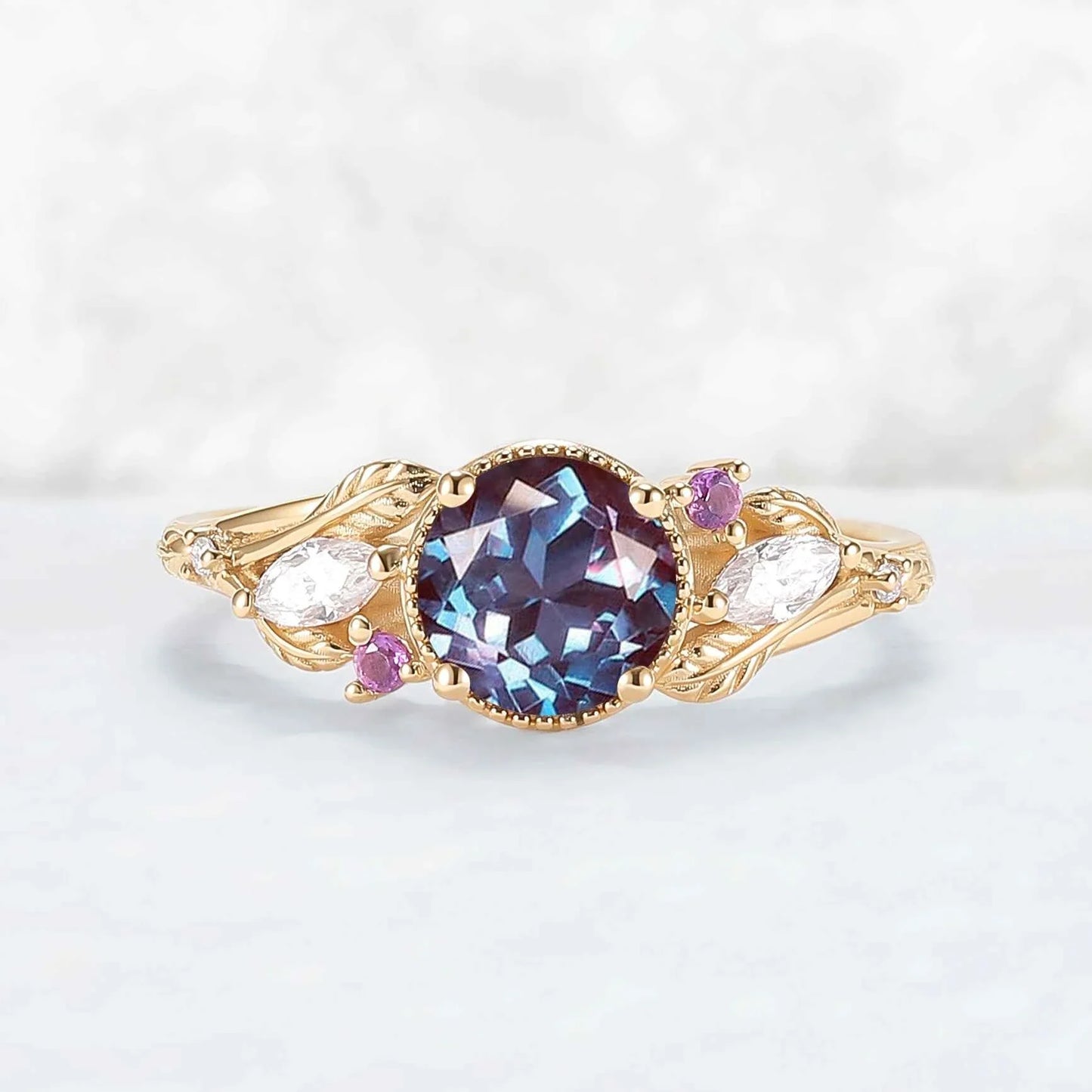 Moonvine Round Cut Alexandrite Leafy Engagement Ring
