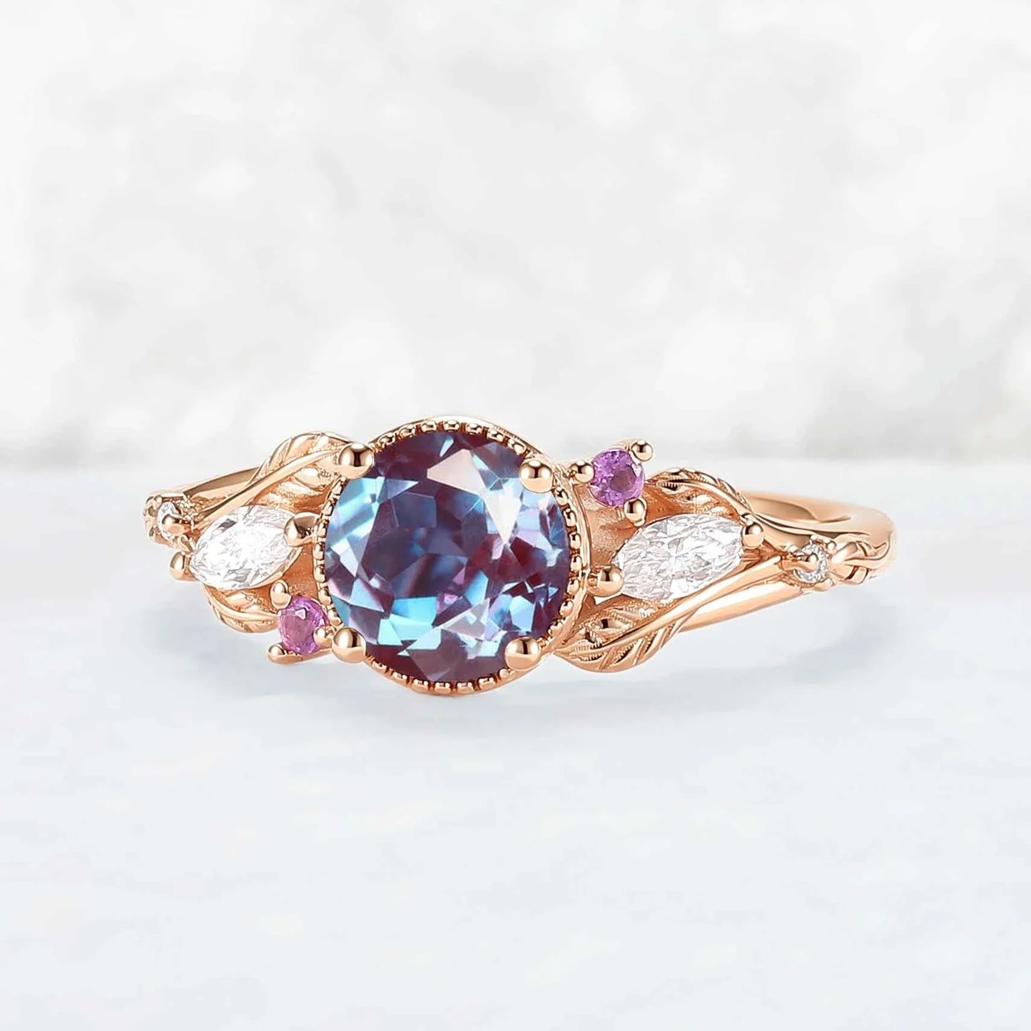 Moonvine Round Cut Alexandrite Leafy Engagement Ring