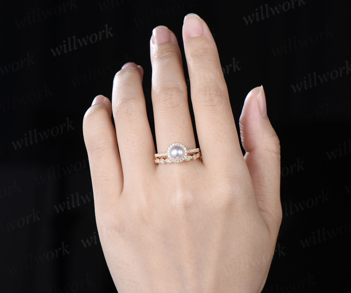 6mm Akoya Pearl Engagement Ring Set Diamond Halo Ring Milgrain Half Eternity Band Vintage Bridal Set