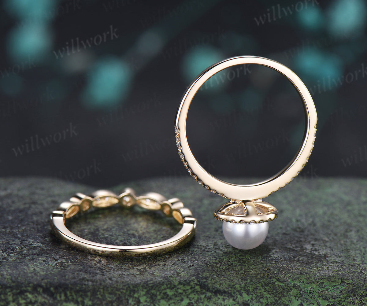 6mm Akoya Pearl Engagement Ring Set Diamond Halo Ring Milgrain Half Eternity Band Vintage Bridal Set