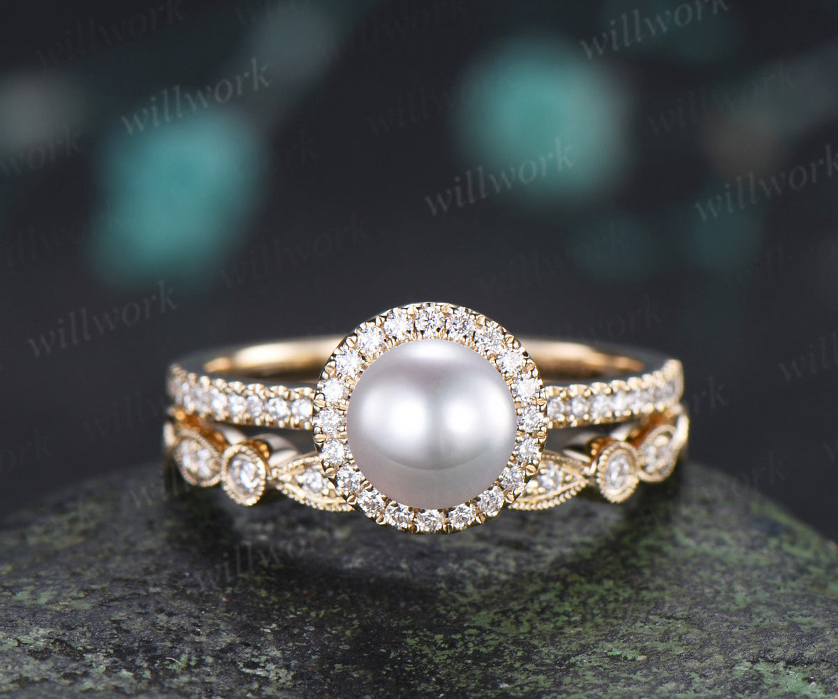 6mm Akoya Pearl Engagement Ring Set Diamond Halo Ring Milgrain Half Eternity Band Vintage Bridal Set