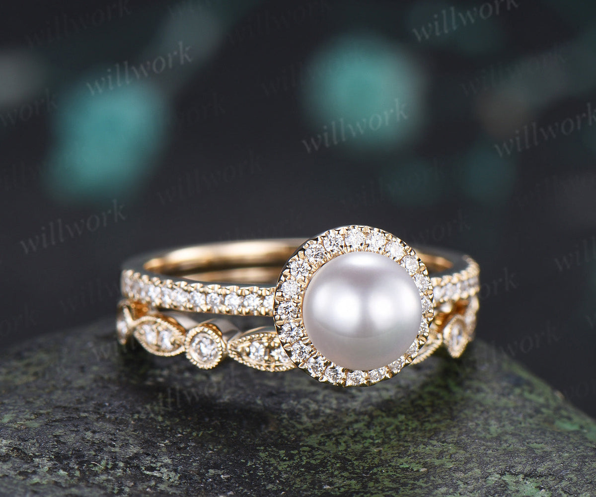 6mm Akoya Pearl Engagement Ring Set Diamond Halo Ring Milgrain Half Eternity Band Vintage Bridal Set