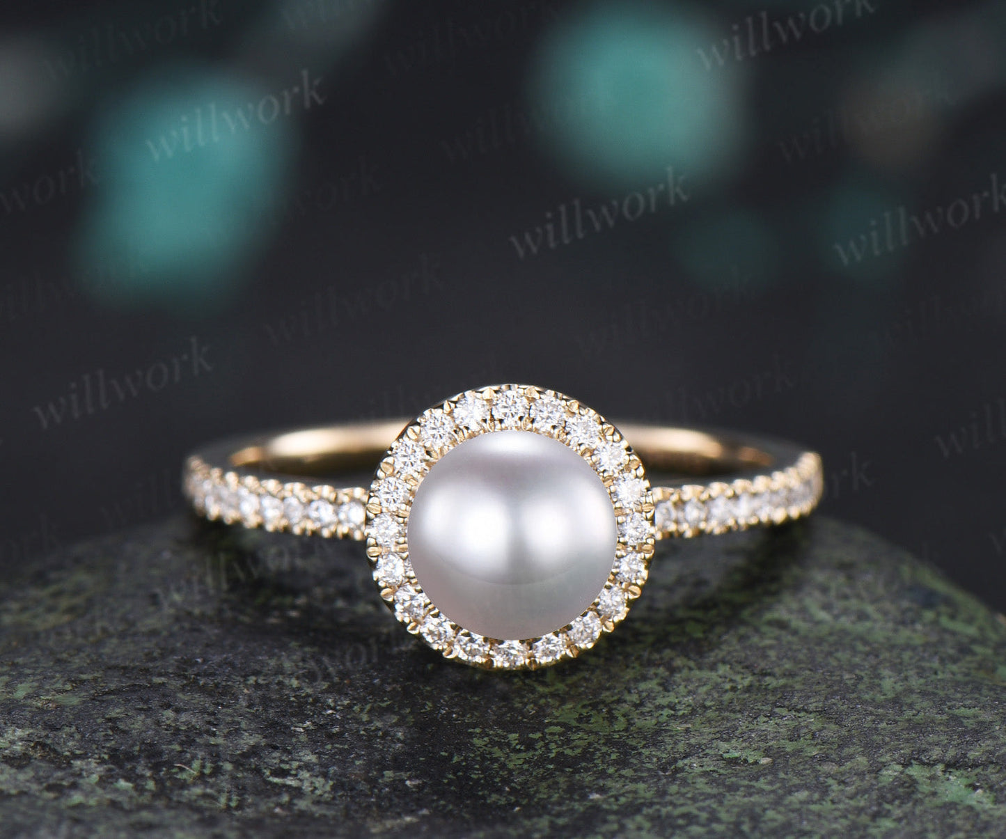 6mm Akoya Pearl Engagement Ring Set Diamond Halo Ring Milgrain Half Eternity Band Vintage Bridal Set