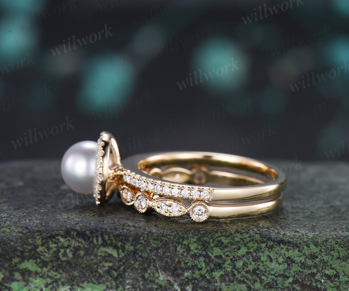 6mm Akoya Pearl Engagement Ring Set Diamond Halo Ring Milgrain Half Eternity Band Vintage Bridal Set