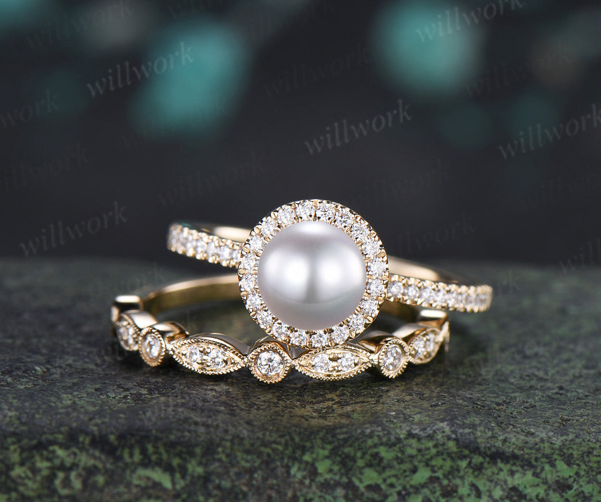 6mm Akoya Pearl Engagement Ring Set Diamond Halo Ring Milgrain Half Eternity Band Vintage Bridal Set