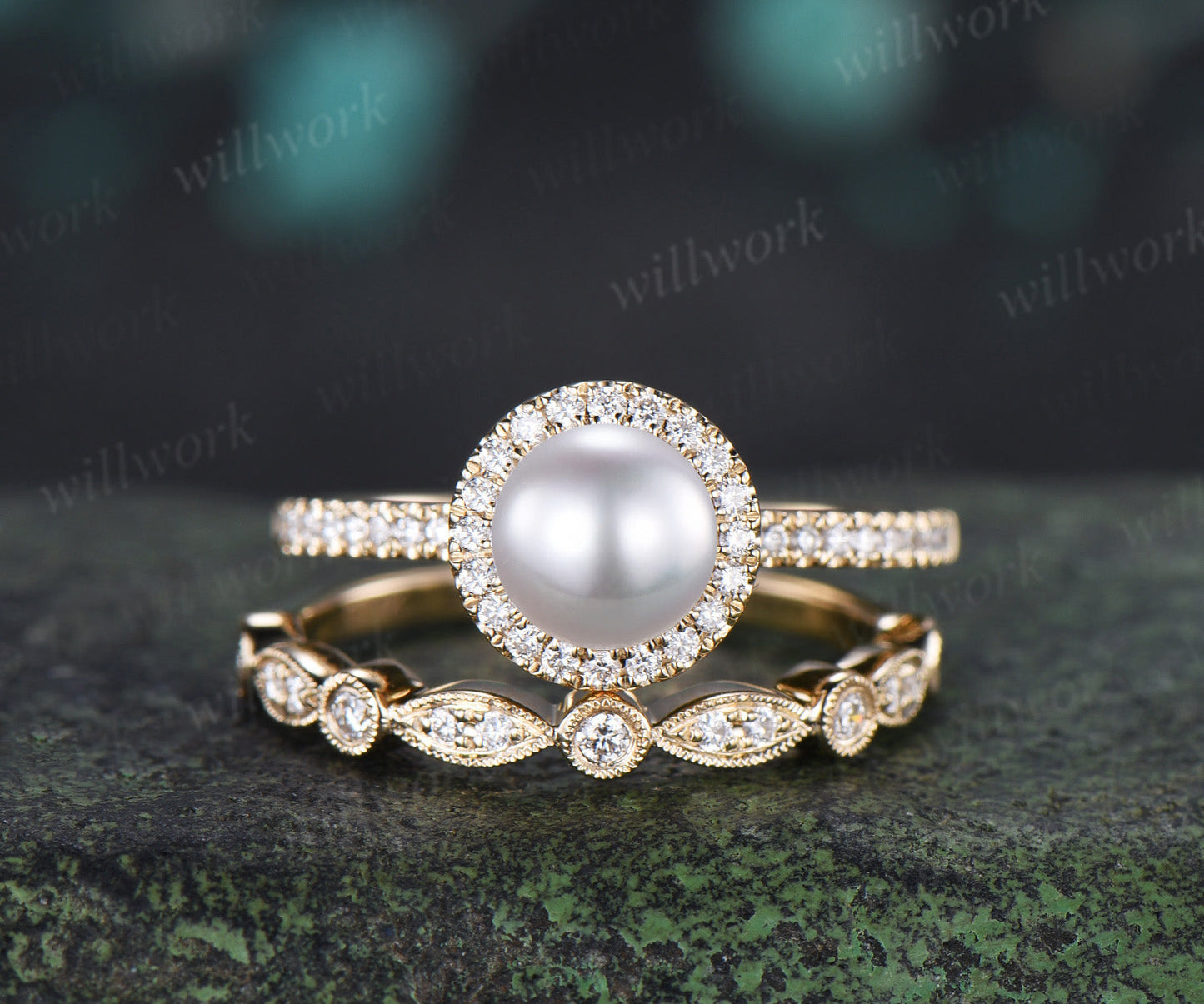 6mm Akoya Pearl Engagement Ring Set Diamond Halo Ring Milgrain Half Eternity Band Vintage Bridal Set