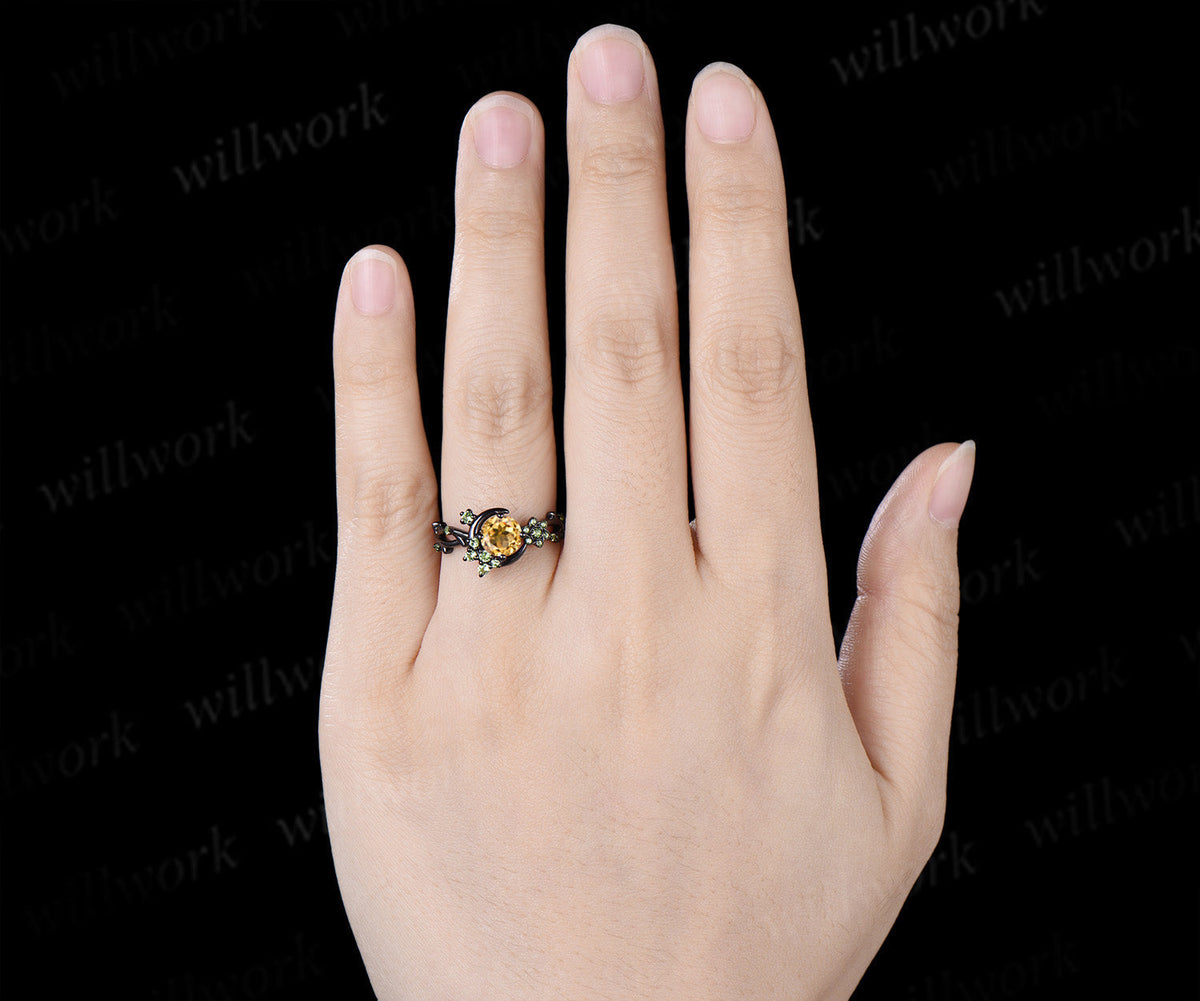 Round Cut Citrine Engagement Ring Moon Peridot Cluster Promise Ring Floral Twig Branch Ring November Birthstone Jewelry