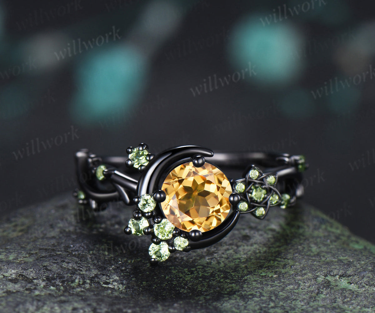 Round Cut Citrine Engagement Ring Moon Peridot Cluster Promise Ring Floral Twig Branch Ring November Birthstone Jewelry