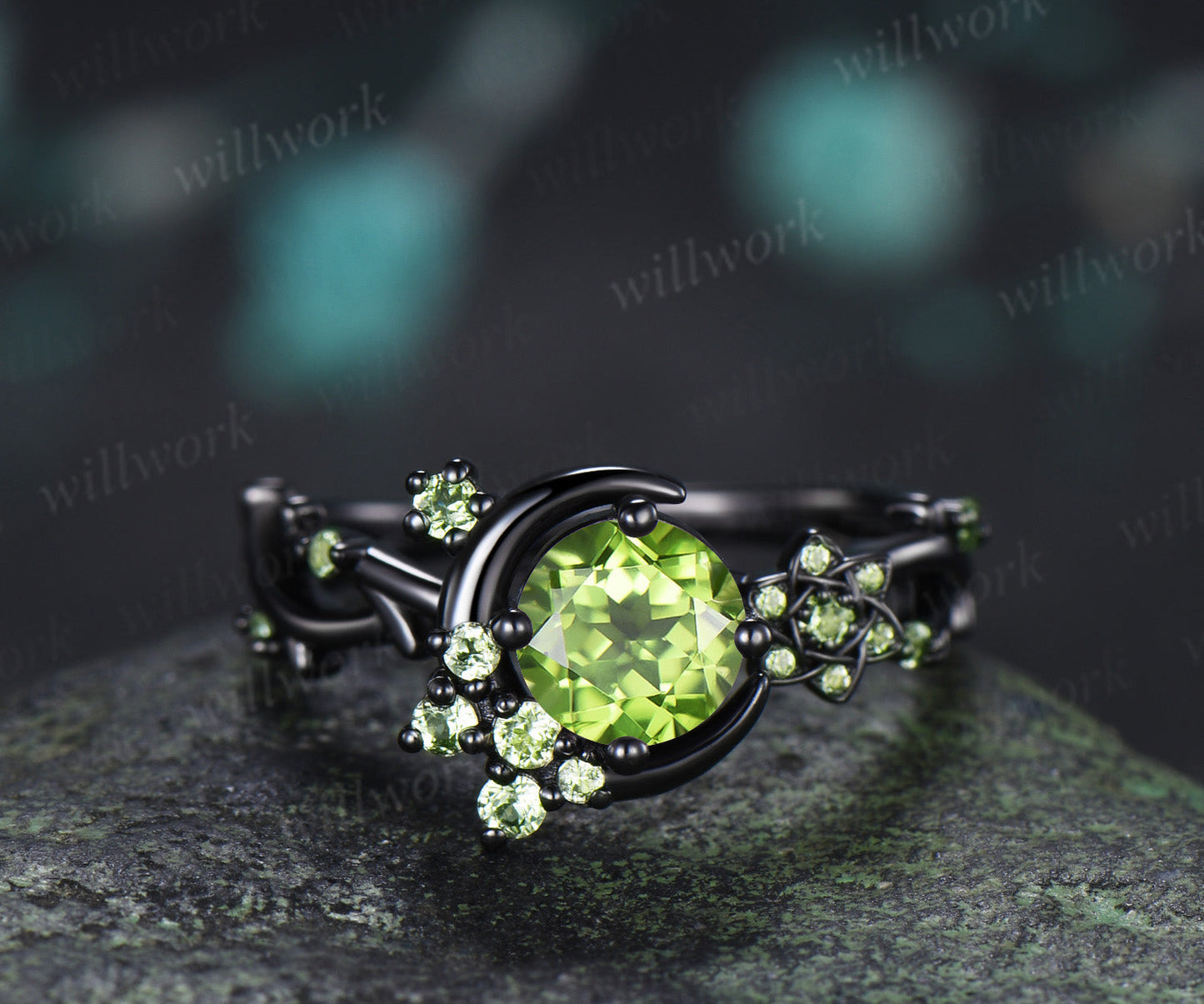 Round Cut Peridot Engagement Ring Moon Peridot Cluster Promise Ring Floral Twig Branch Ring August Birthstone Jewelry