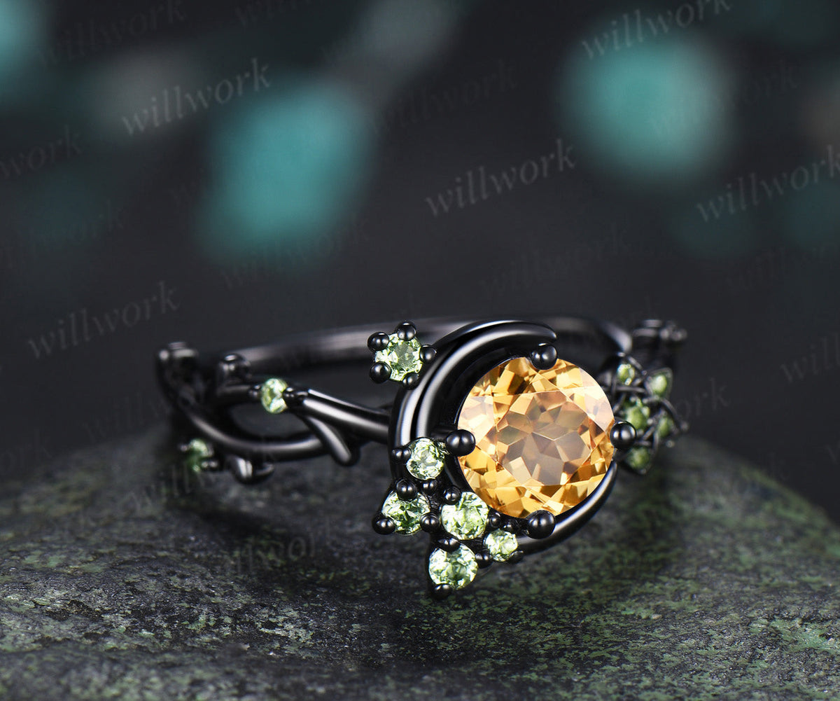 Round Cut Citrine Engagement Ring Moon Peridot Cluster Promise Ring Floral Twig Branch Ring November Birthstone Jewelry