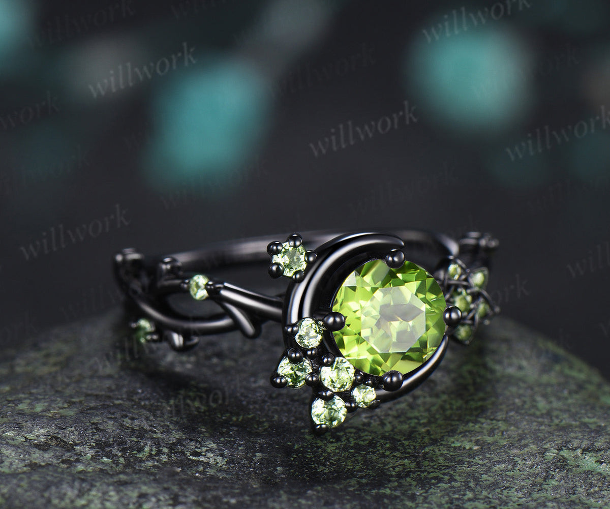 Round Cut Peridot Engagement Ring Moon Peridot Cluster Promise Ring Floral Twig Branch Ring August Birthstone Jewelry