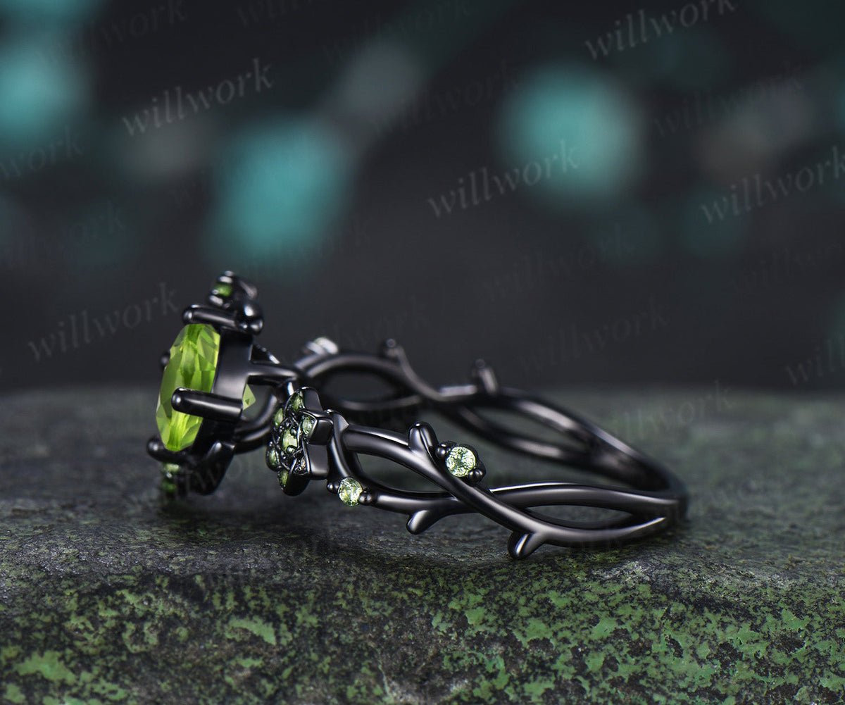 Round Cut Peridot Engagement Ring Moon Peridot Cluster Promise Ring Floral Twig Branch Ring August Birthstone Jewelry