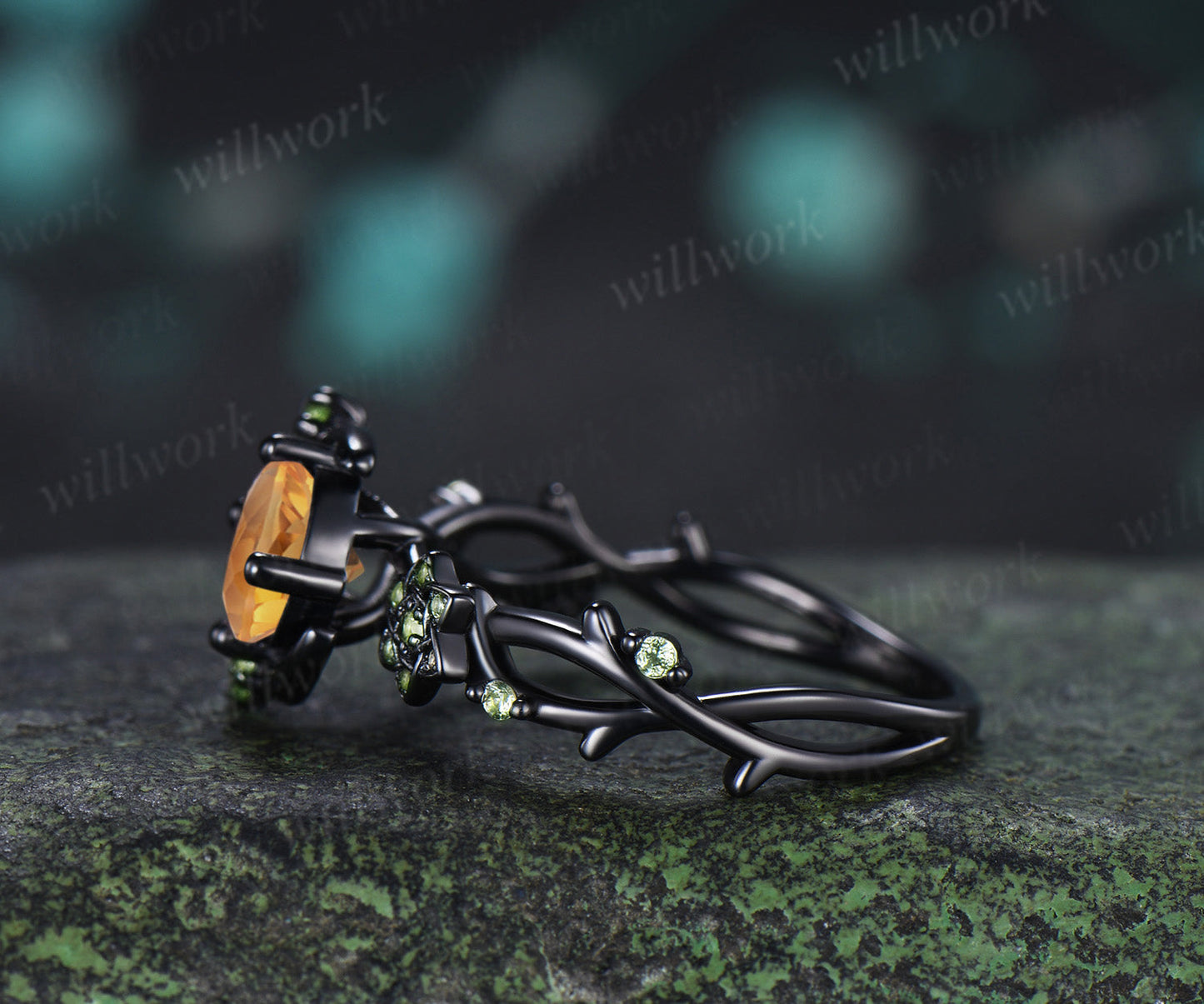 Round Cut Citrine Engagement Ring Moon Peridot Cluster Promise Ring Floral Twig Branch Ring November Birthstone Jewelry
