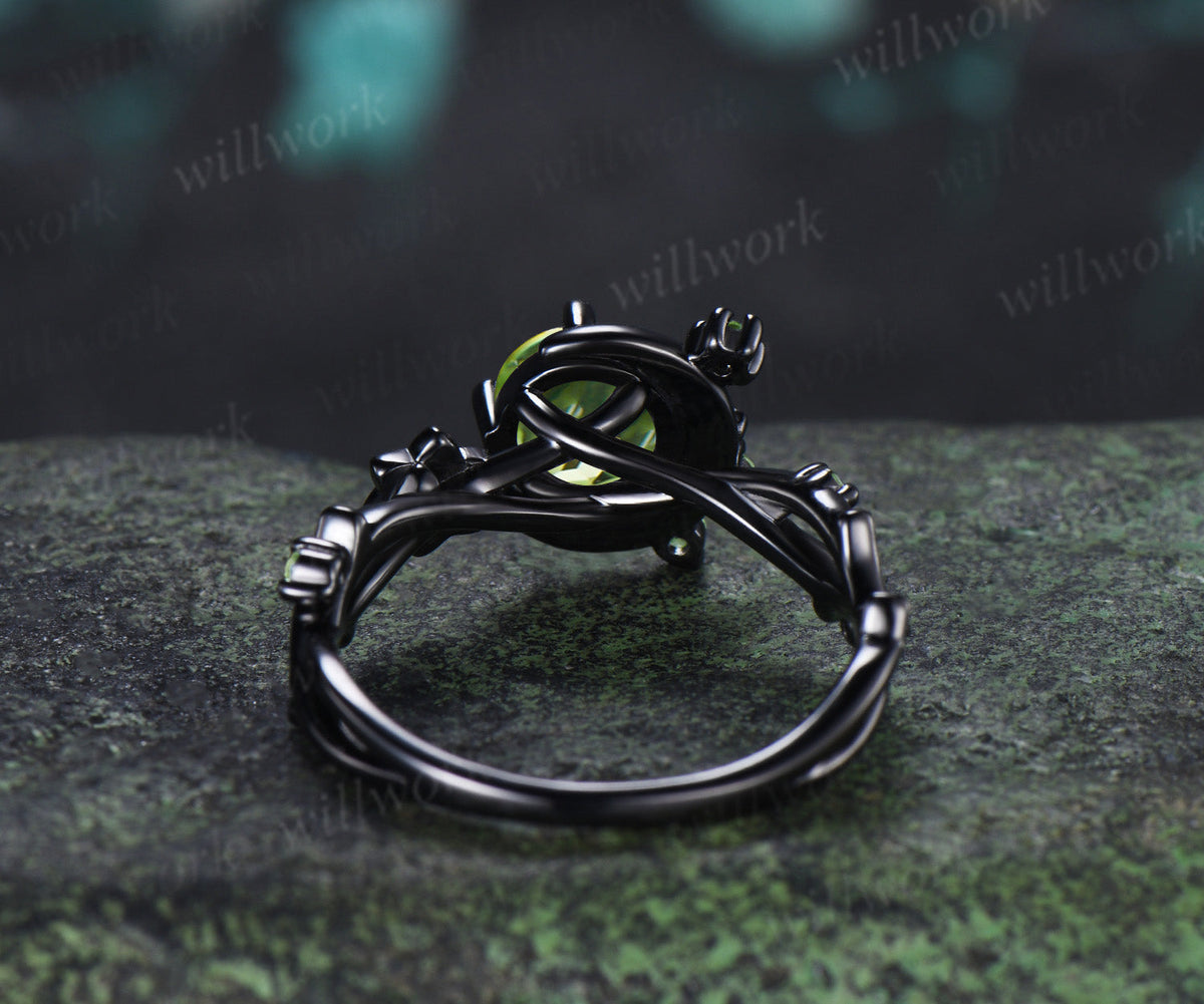 Round Cut Peridot Engagement Ring Moon Peridot Cluster Promise Ring Floral Twig Branch Ring August Birthstone Jewelry