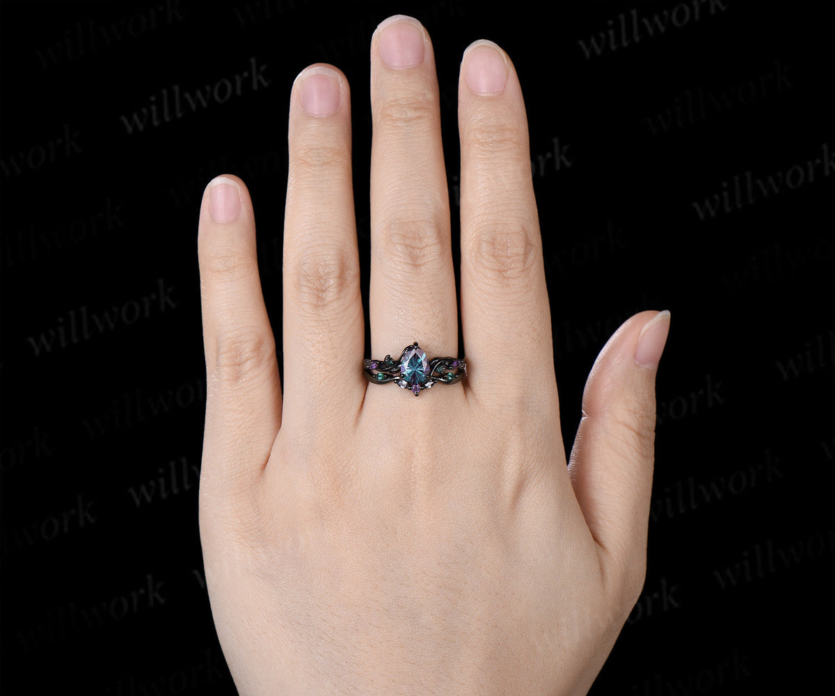 Fireworks Cut Alexandrite Engagement Ring Set Twig Leaf Amethyst Emerald Accent Promise Ring Matching Wedding Band Nature Inspired Bridal Set