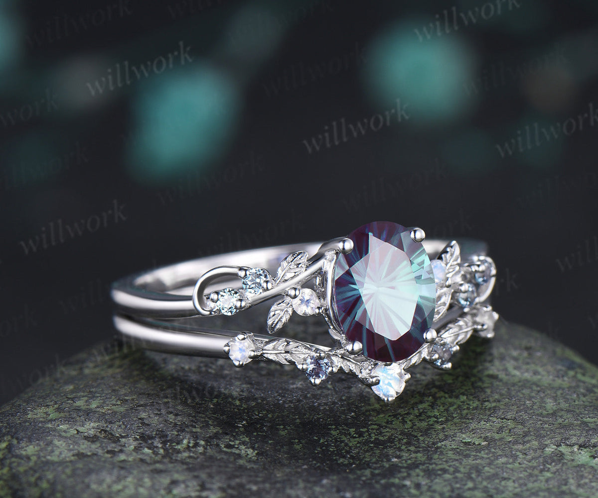 Oval Fireworks Cut Alexandrite Engagement Ring Set Leaf Twig Moonstone Promise Ring Matching Wedding Band Unique Bridal Set