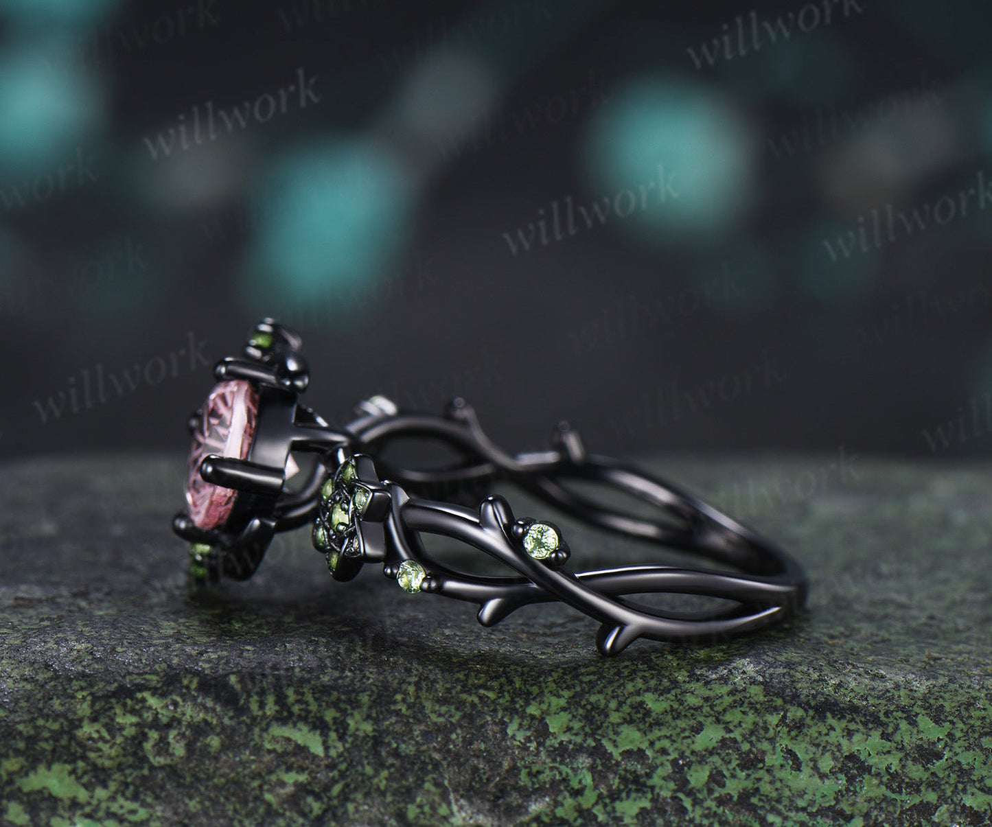 Round Fireworks Padparadscha Engagement Ring Moon Vine Floral Peridot Accent Promise Ring Unique Twig Band